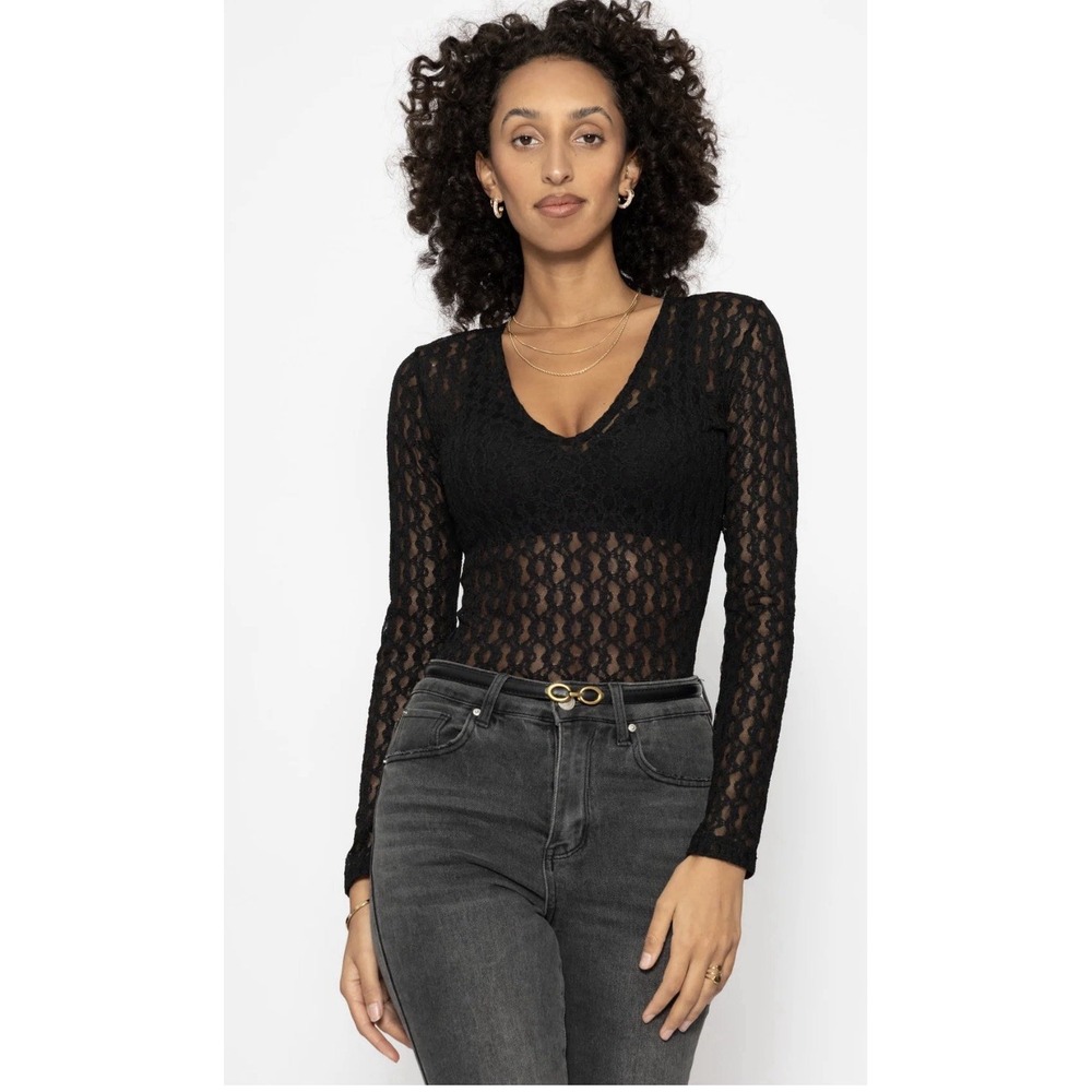 Vintage Vtg CACHE Women's Semi Sheer Lace Mesh Bodysuit Black Sz M Goth Y2K Moto